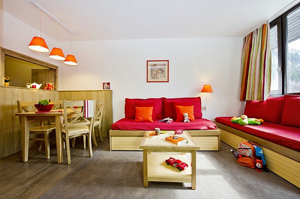 An image of the living area in one of the apartments at Le Chamois Blanc Chamonix