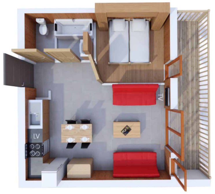 A floorplan of a 2-4 person apartment in Les Balcons de la Rosiere