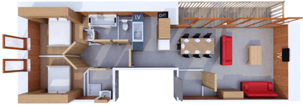 A floorplan of the 4-6 person apartment in Les Balcons de la Rosiere