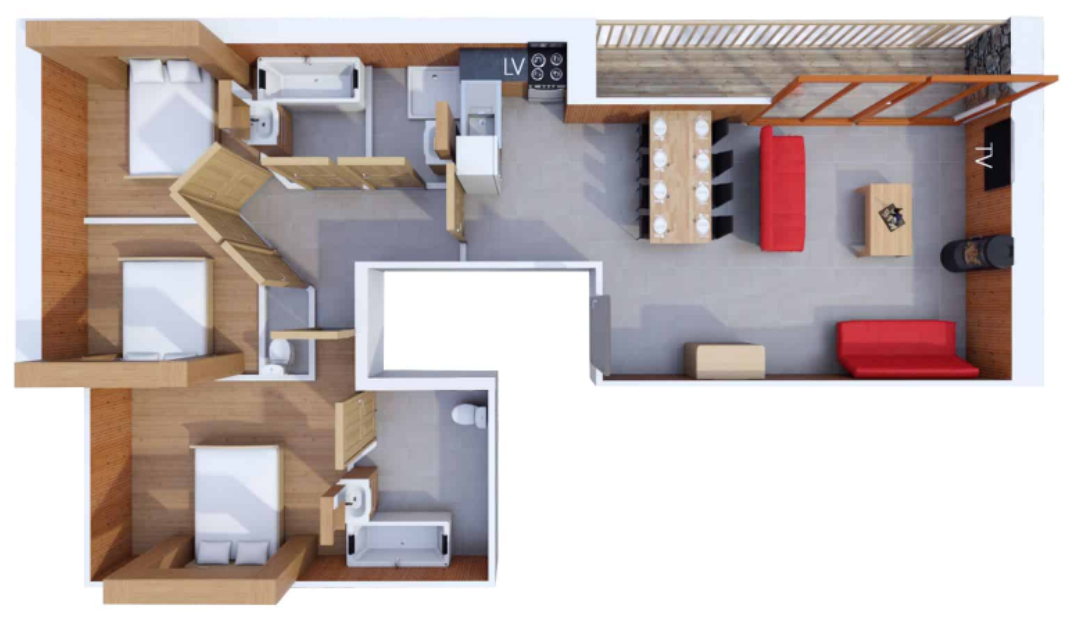 A floorplan of the 6-8 person apartment in Les Balcons de la Rosiere