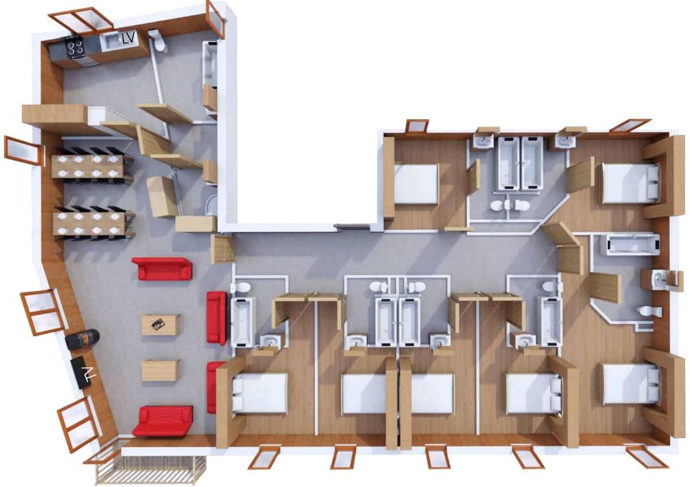 A floorplan for the 14/16 person apartment