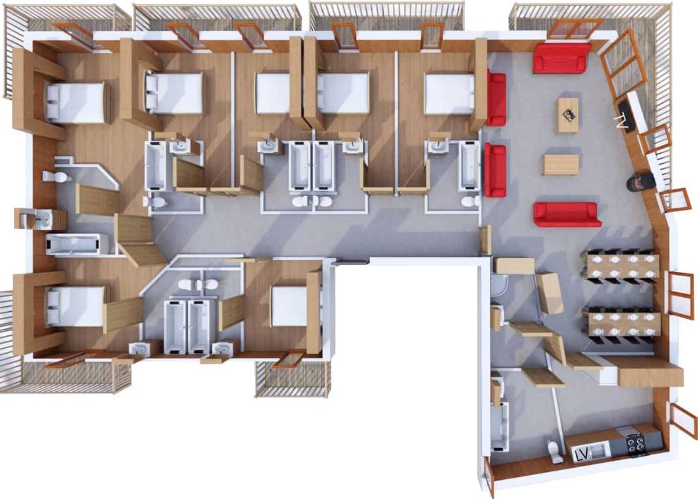 A floorplan for the 16-person Superior apartment