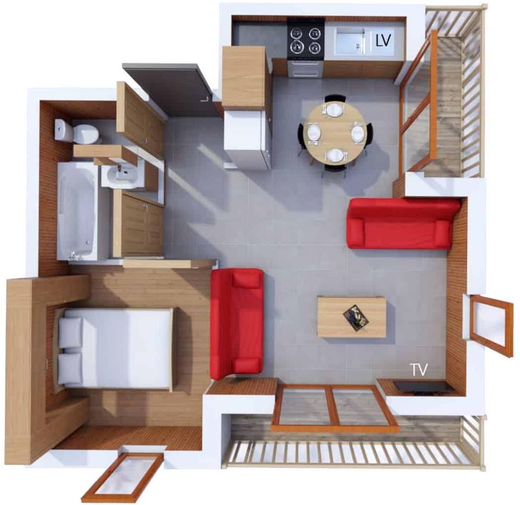 A floorplan of the 2-4 person superior apartment