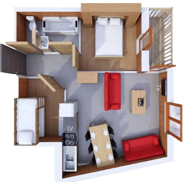 A floor plan for the 4/6 person cabin apartment