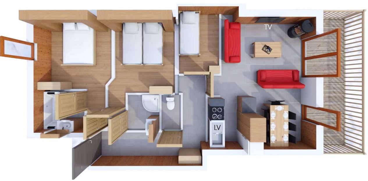 A floorplan of the 5/7 person family apartment