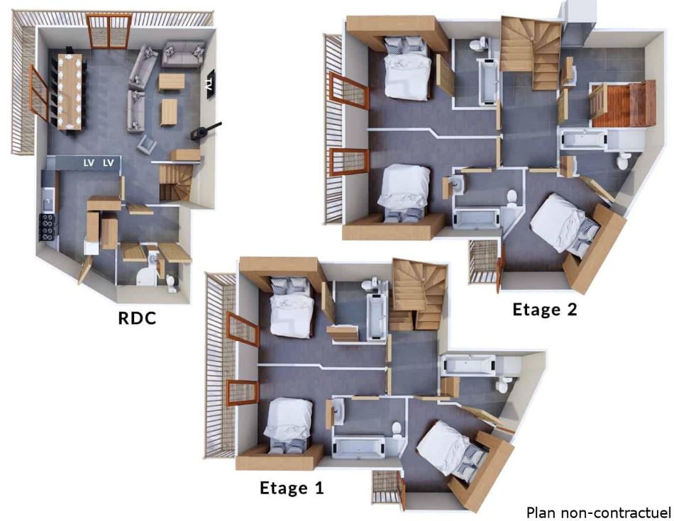 The floor plan for the 12/14 person apartment at Les Balcons Platinum Val Thorens
