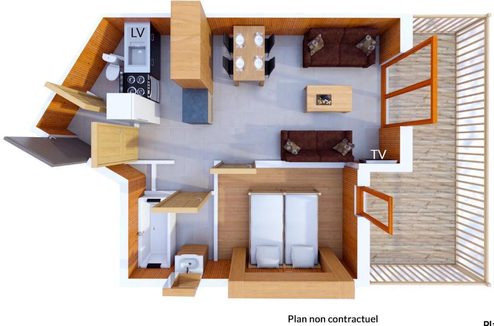 A floor plan for the 2/4 person apartment at Les Balcons de Val Thorens