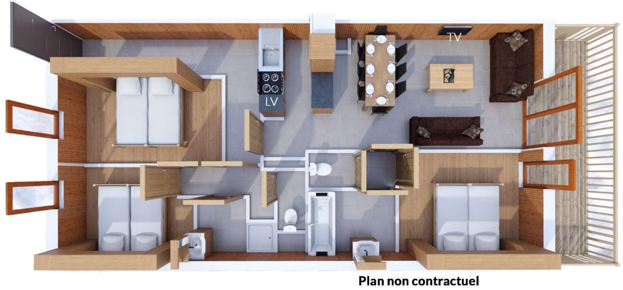 A floor plan for the 6/8 person apartment at Les Balcons de Val Thorens