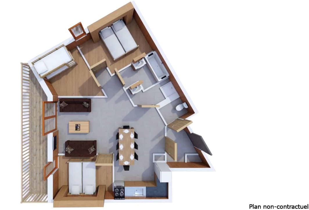 A floor plan for the 6/8 person cabin apartment at Les Balcons de Val Thorens