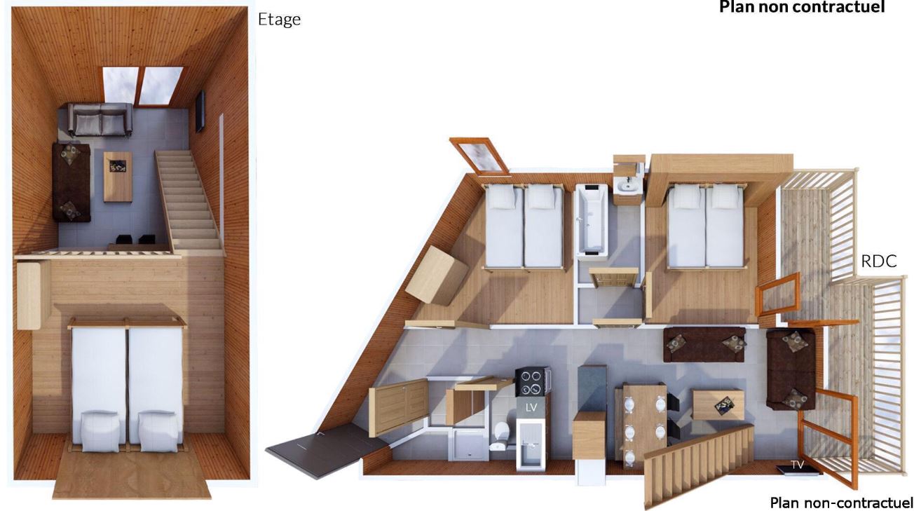 A floor plan for the 6/8 person mezzanine apartment at Les Balcons de Val Thorens